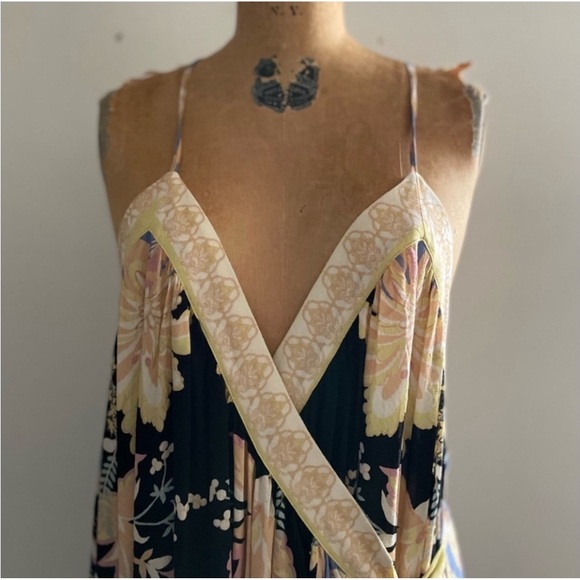 Free People] Black Yellow Paisley Floral Print Wrap Back open Slip Dress - Picture 6 of 16